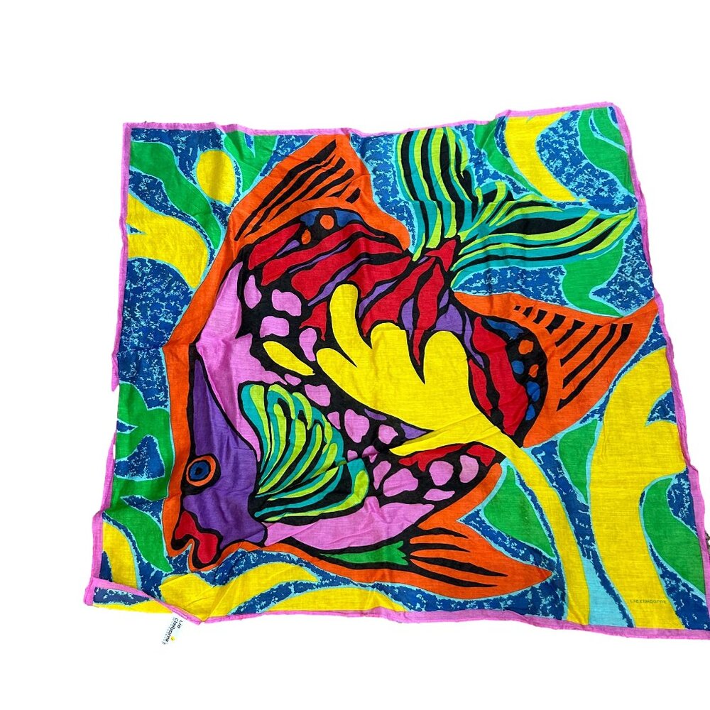 Vintage Liz Claiborne Bright Colorful Tropical Fish Scarf Cotton Japan